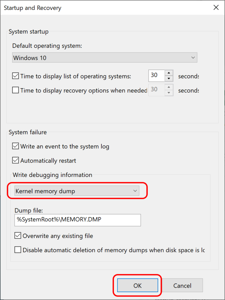 Kernel memory dump selected, ready to say OK